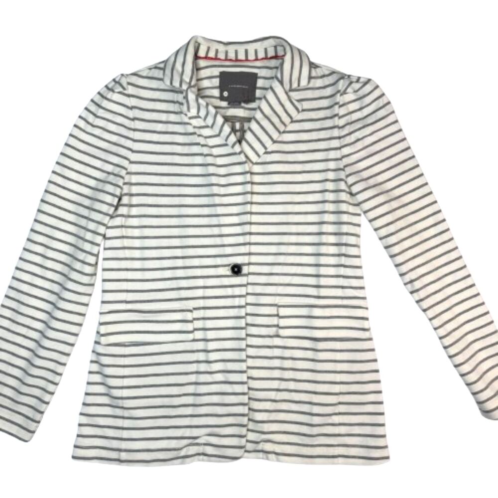 Anthropologie Striped Knit Blazer Jacket White Gray Preppy Coastal Size Large